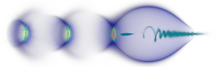 Illustration of beam-driven plasma acceleration, where the drive beam experiences hosing.