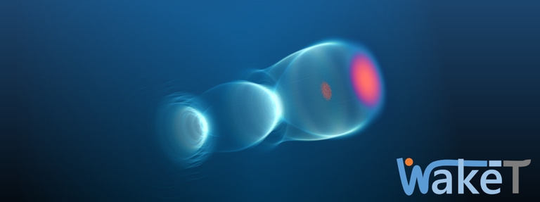 Wake-T: Plasma wakefield (blue) generated by a laser pulse (red) as it propagated through an ionized gas. An electron bunch traveling behind the laser gets accelerated by the large fields within the wake.